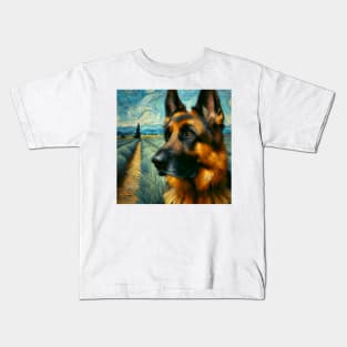 A German Shepherd’s Reveries - Alsatian in Vincent Van Gogh Style Kids T-Shirt